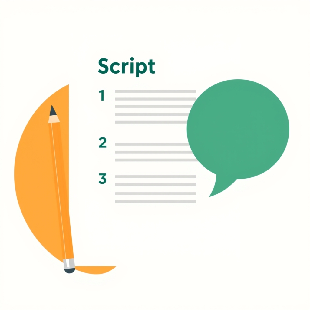 a script page with three numbered lines and a pencil, a small speech bubble beside it