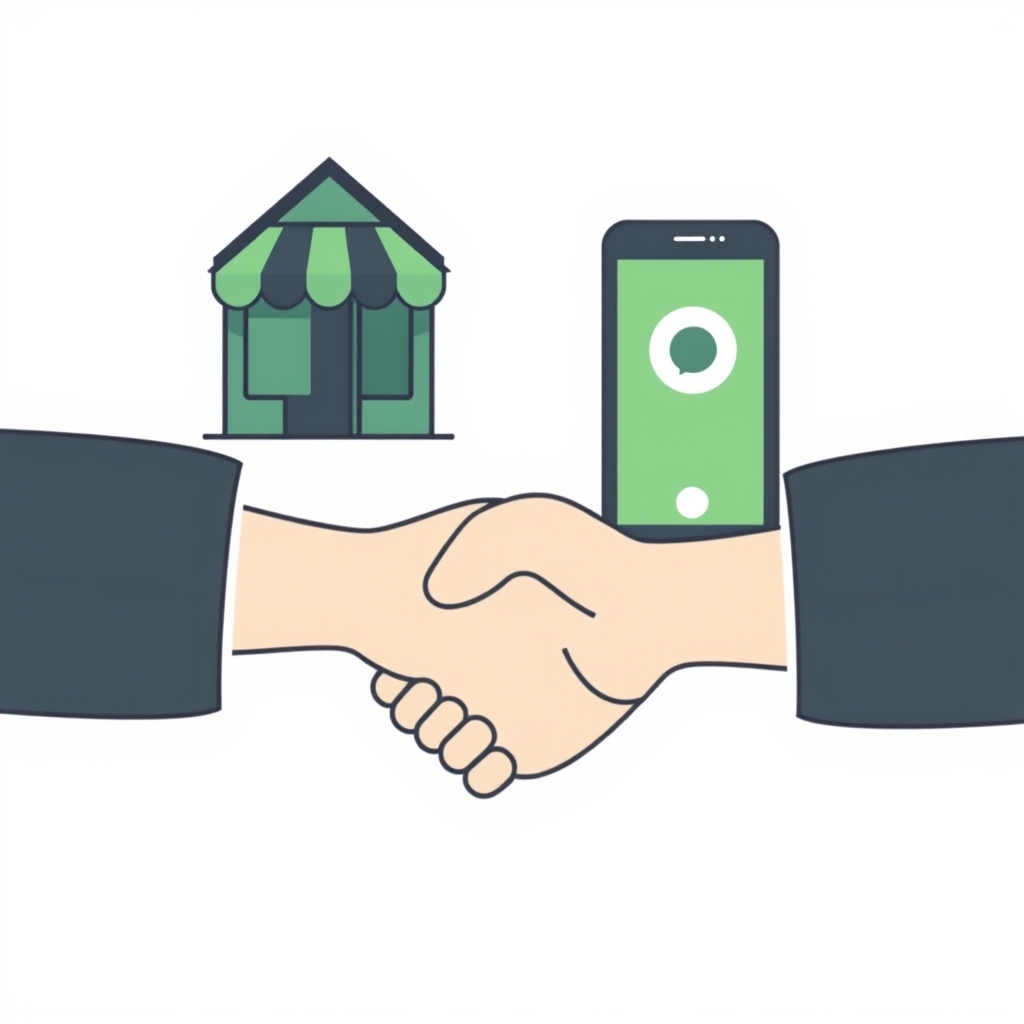 two diverging paths from one starting point, one to a storefront and one to a phone, a handshake at the fork