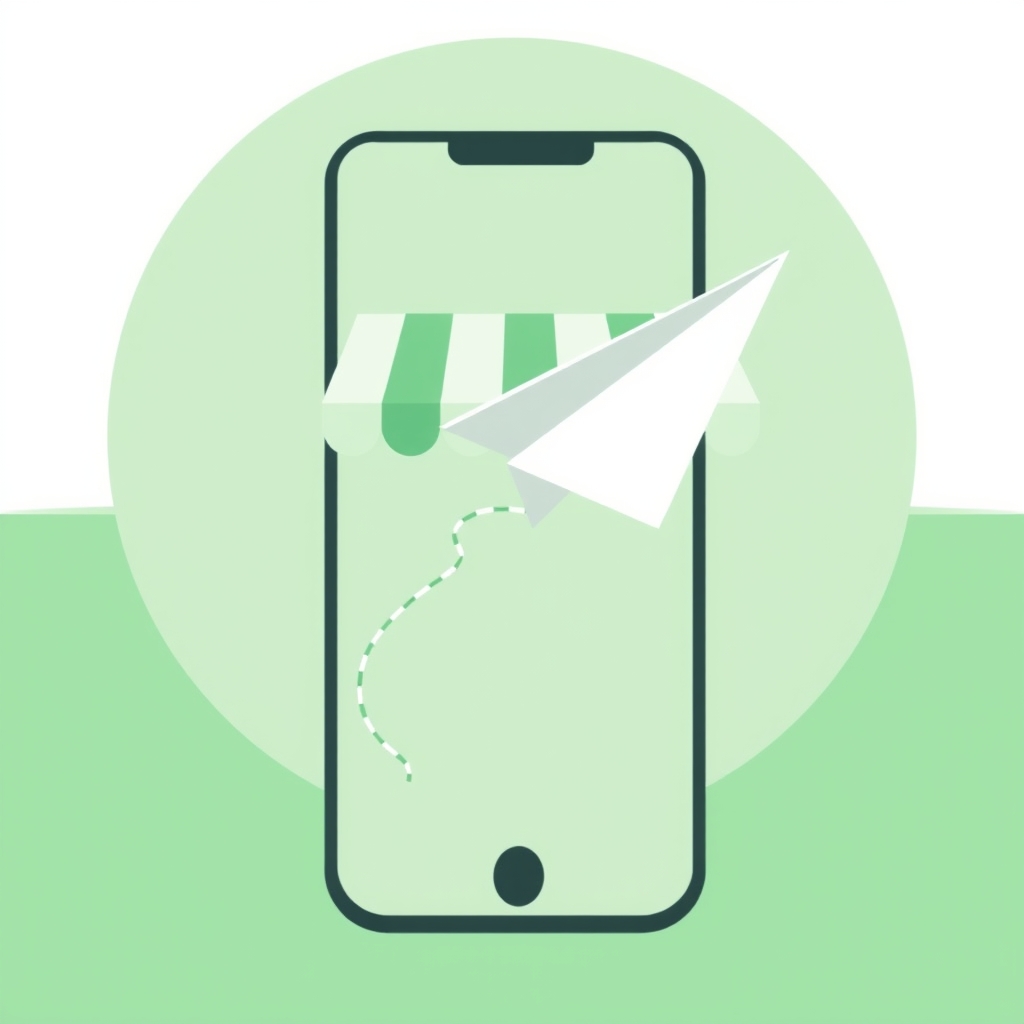 a paper plane flying from a phone toward a storefront shape with a dotted trail