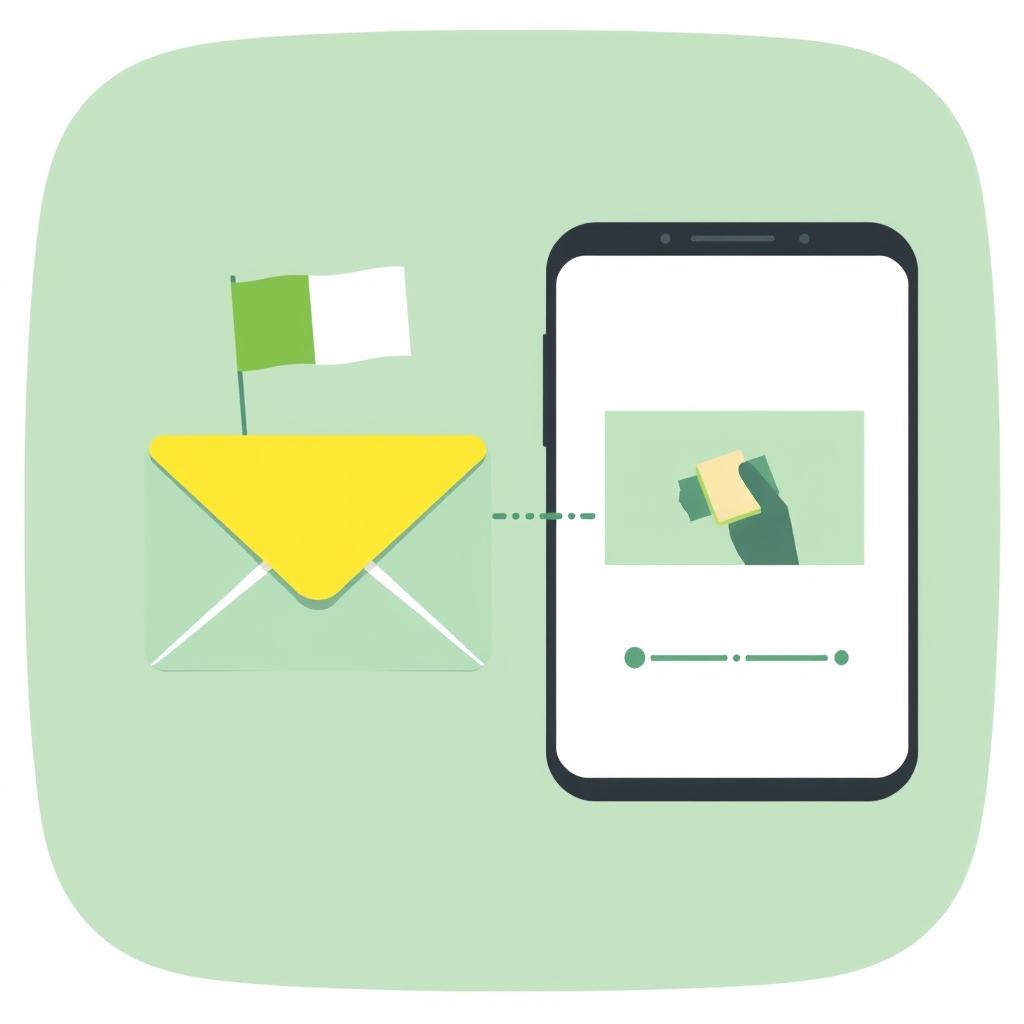 an envelope with a small flag beside a phone showing a video, a dotted line connecting them