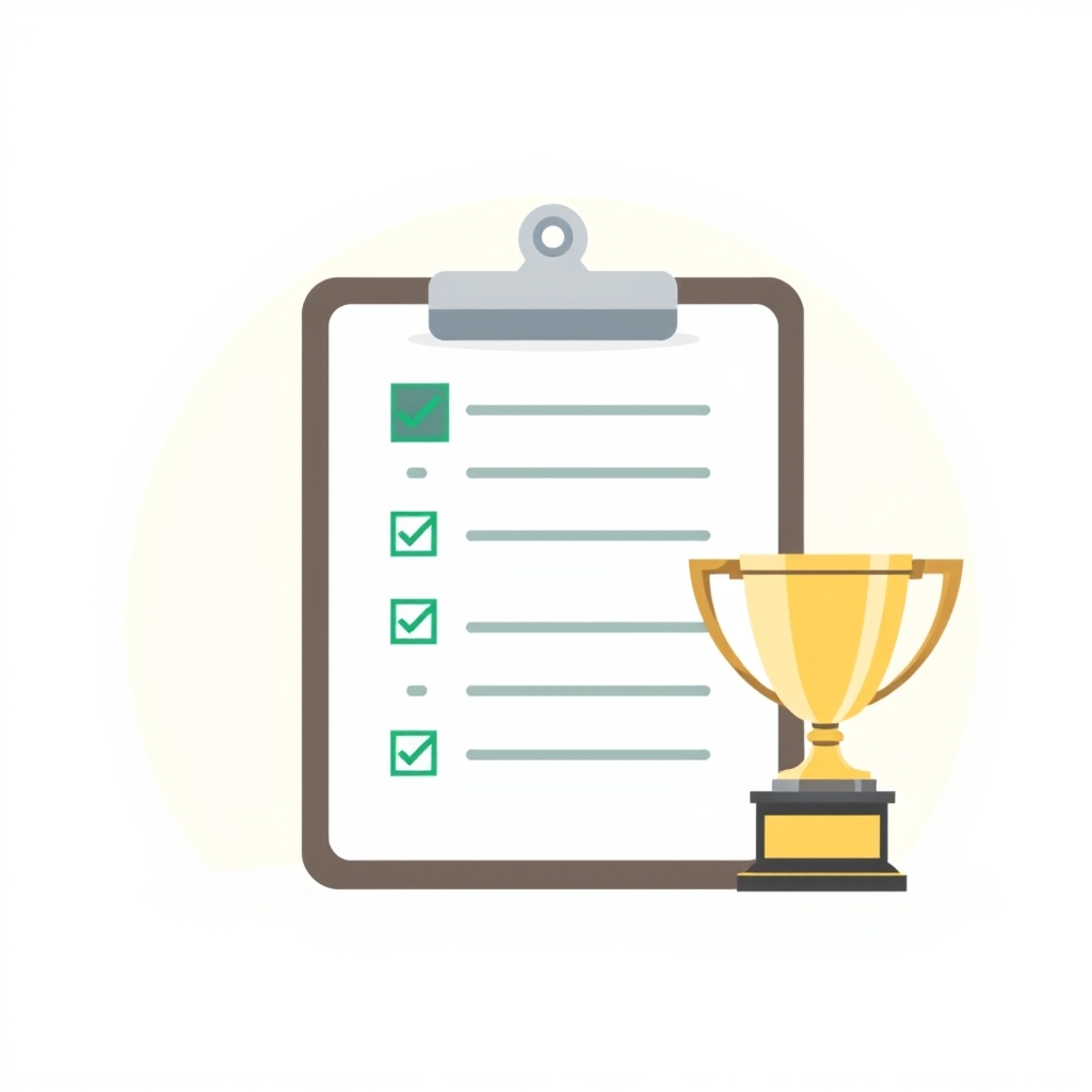 a clipboard with the top line highlighted and a checkmark, a small trophy beside it
