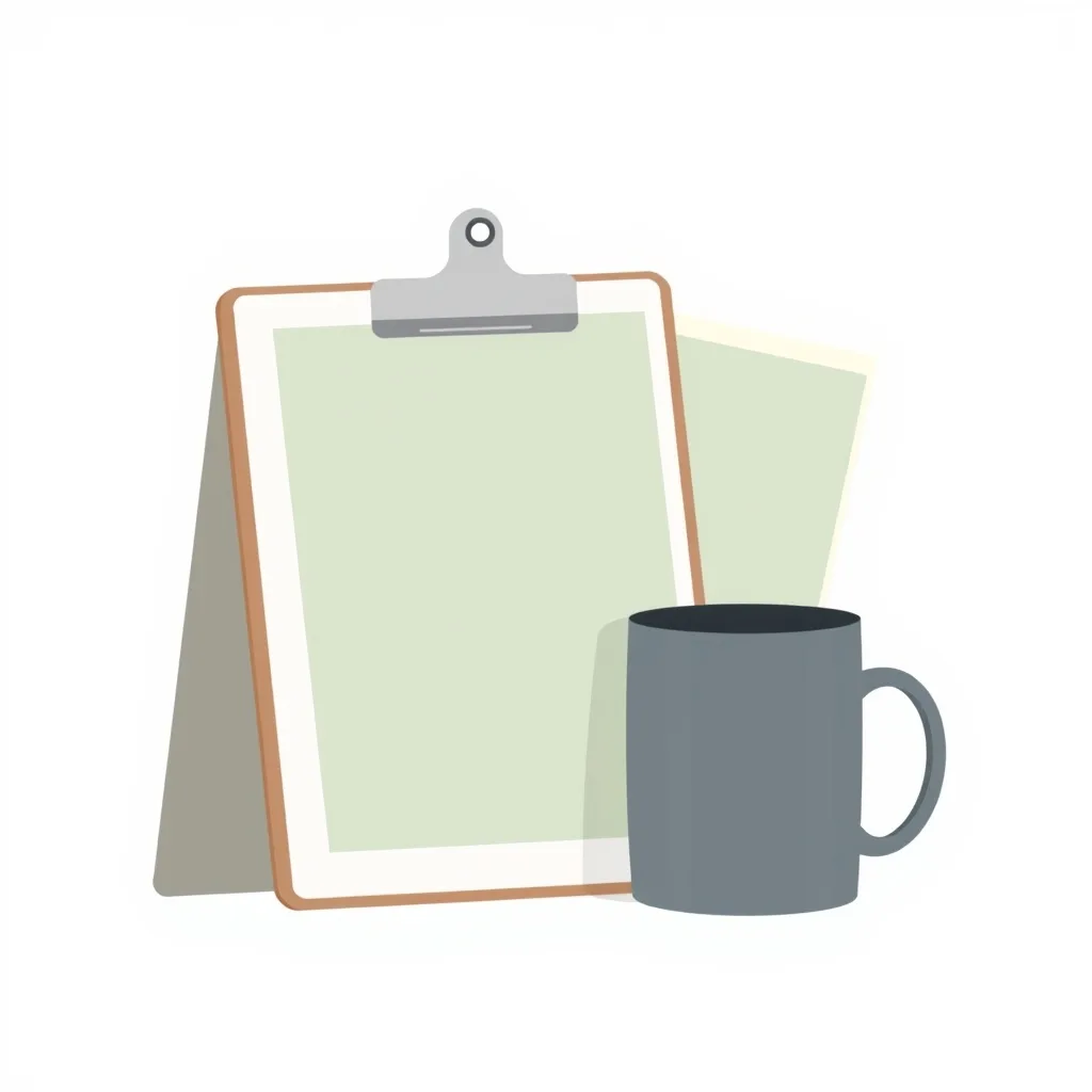 A clipboard with a blank page, a pen, a folder with no label and a mug.