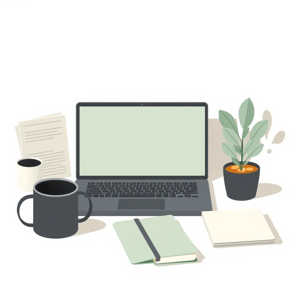 How to become a ugc creator on instagram: a calm still-life of ordinary objects connected to the topic: a closed laptop, a notebook with a blank cover, a mug, a small potted plant and a few stacked coins