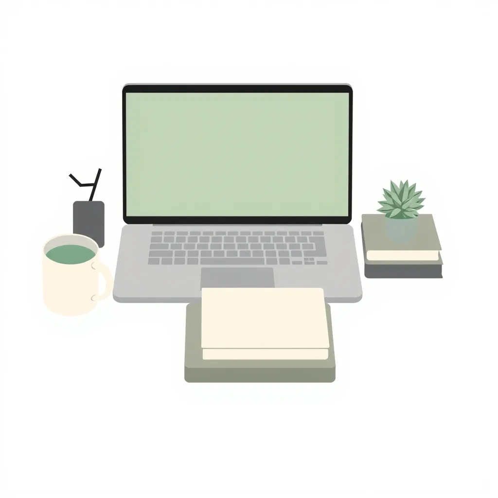 A closed laptop, a notebook with a blank cover, a mug, a small plant and two stacked books.