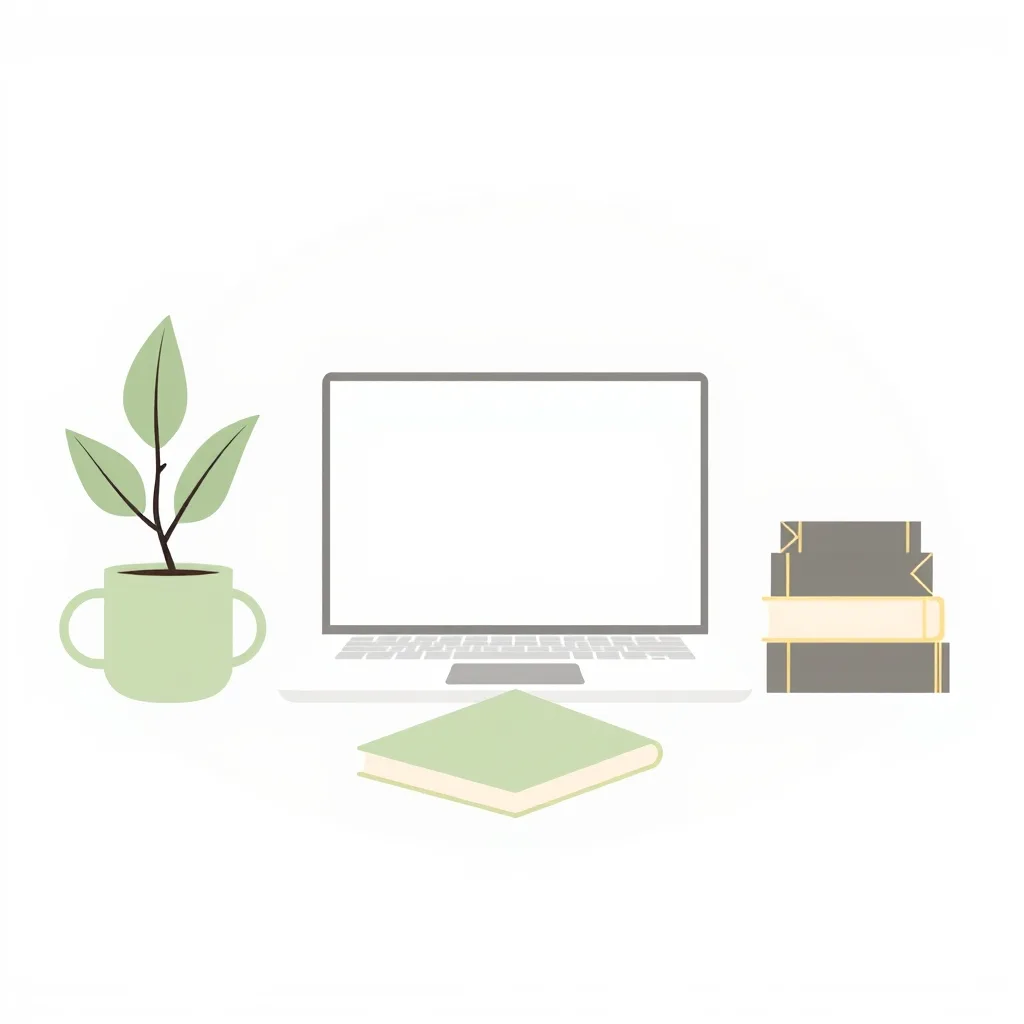 A closed laptop, a notebook with a blank cover, a mug, a small plant and two stacked books.