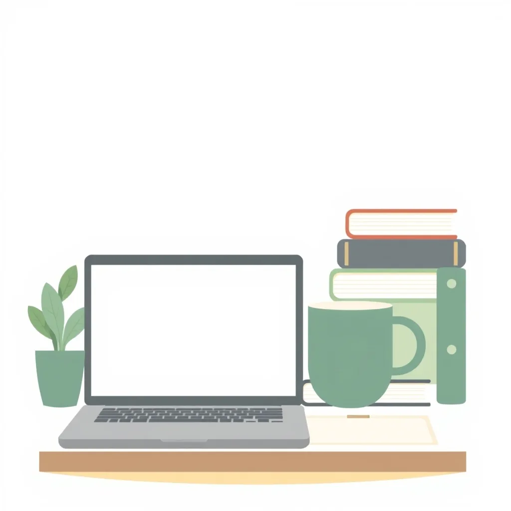 A closed laptop, a notebook with a blank cover, a mug, a small plant and two stacked books.