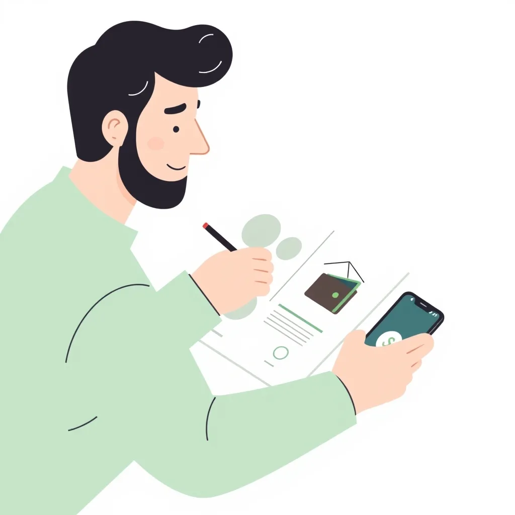 A creator calculating earnings on paper with a wallet balance shown on a phone