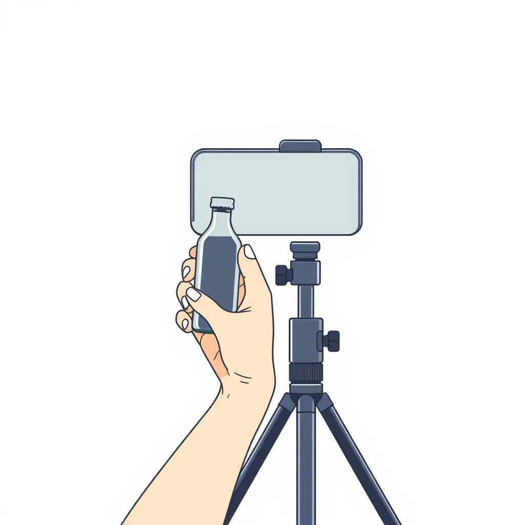 A hand holding a product in front of a phone mounted on a tripod