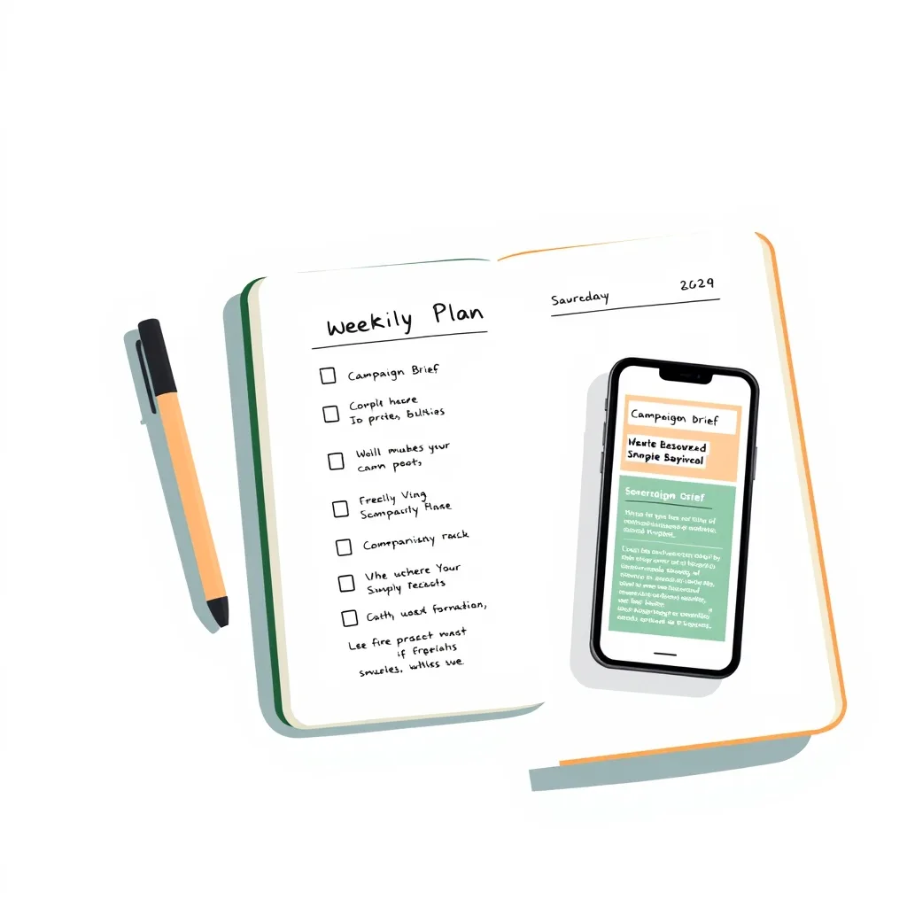 A handwritten weekly plan in a notebook beside a campaign brief on a phone